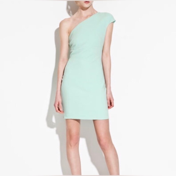 ZARA Trafaluc Collection One Shoulder Mint Green Dress Side Zip S - Picture 8 of 9